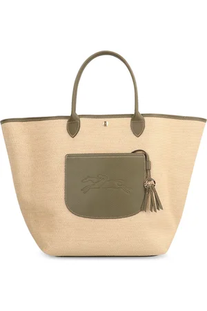 Longchamp Torebki, Kobieta, Beżowy, ONE SIZE, Torba Torebka z Rafii i Skórzanymi Szczegółami