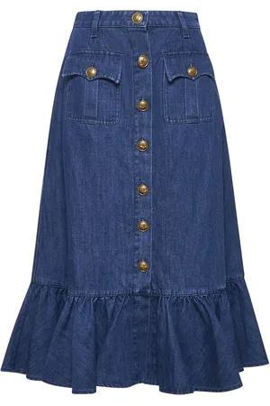 VALENTINO Spódnice, Kobieta, Niebieski, S, Denim, Niebieska Marszczona Spódnica Midi