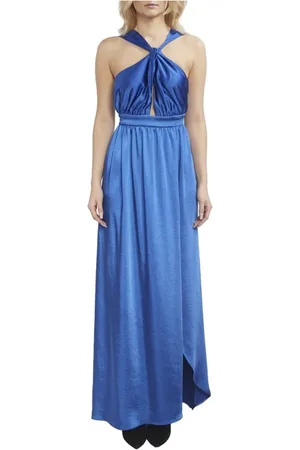 Pinko Sukienki, Kobieta, Niebieski, L, Poliester, Elegancka satynowa sukienka z detalem ażurowym