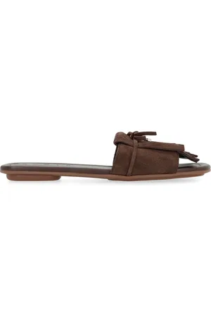 Hogan Buty, Kobieta, brązowy, 36 EU, Zamsz, Płaskie sandały z frędzlami i logo