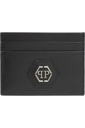 Philipp Plein Akcesoria, Mężczyzna, Czarny, ONE SIZE, Skóra, Etui na karty Hexagon z logo