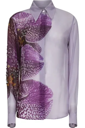 DRIES VAN NOTEN Bluzki, Kobieta, Wielobarwność, S, Fioletowa Bluzka z Jedwabnym Nadrukiem Orchidei