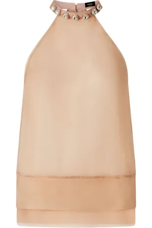 Pinko Koszulki, Kobieta, Różowy, 2XS, Organza, Jedwabna organza top z biżuteryjnym haftem na dekolcie