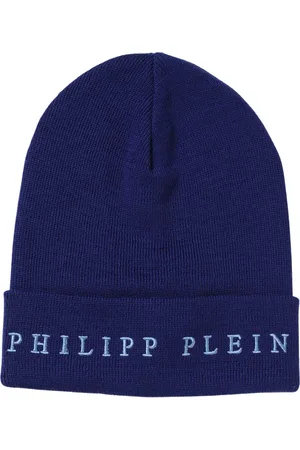 Philipp Plein Akcesoria, Mężczyzna, Niebieski, ONE SIZE, Wełna, Czapka z Logo