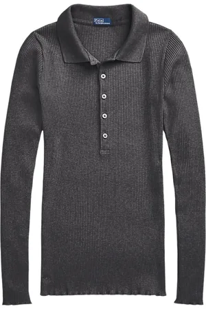 Ralph Lauren Swetry, Kobieta, Szary, S, Koszulka Polo z Długim Rękawem z Prążkowanej Dzianiny