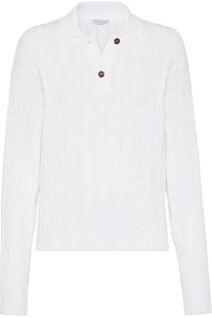 Brunello Cucinelli Swetry, Kobieta, Biały, M, Bawełna, Olśniewający Sweter Polo z Warkoczami
