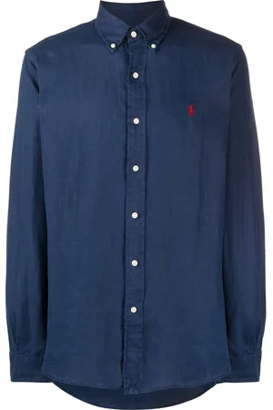 Ralph Lauren Koszule, Mężczyzna, Niebieski, XL, Len, Niebieska lniana koszula z długim rękawem w stylu casual