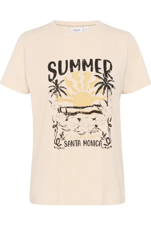 Saint Tropez Koszulki, Kobieta, Beżowy, XS, Bawełna, T-shirt z Graficznym Nadrukiem Kremowy