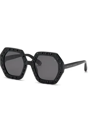 Philipp Plein Akcesoria, Kobieta, Czarny, ONE SIZE, Stylowe czarne okulary przeciwsłoneczne z octanu z szarymi soczewkami