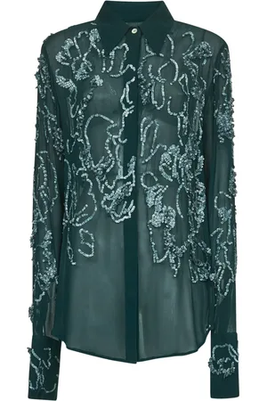 DRIES VAN NOTEN Bluzki, Kobieta, Zielony, L, Zielona Kwiatowa Haftowana Koszula