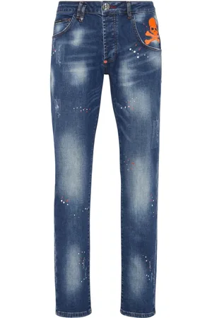 Philipp Plein Jeansy, Mężczyzna, Niebieski, W34, Bawełna, Jeansyy Slim-Fit Stone Washed