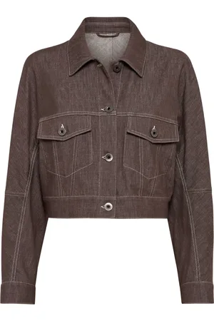 Brunello Cucinelli Kurtki, Kobieta, brązowy, M, Denim, Kurtka z diagonalu imitującego denim z ozdobnymi koralikami Monili