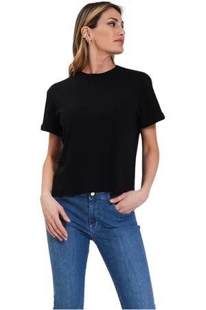 Gran Sasso Koszulki, Kobieta, Czarny, S, T-shirt z zaokrąglonym dekoltem i podwiniętymi rękawami