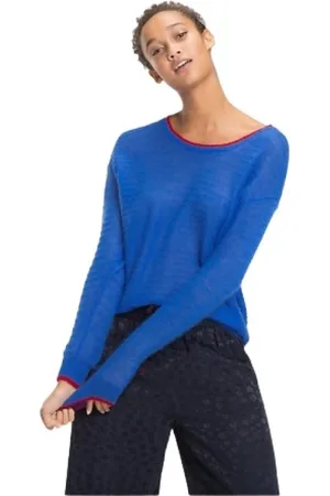 Tommy Hilfiger Swetry, Kobieta, Niebieski, S, Nylon, Niebieski sweter z mohairu w żłobionym wzorze