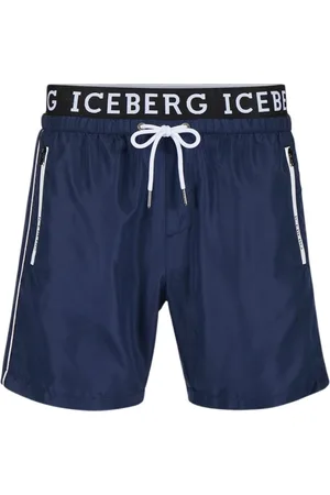 Iceberg Stroje kąpielowe, Mężczyzna, Niebieski, M, Poliester, Bokserki Kąpielowe z Logo Długości do Połowy Uda