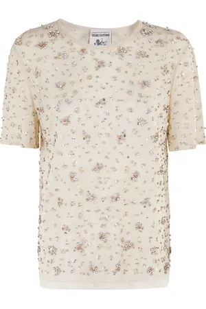 SEMICOUTURE Koszulki, Kobieta, brązowy, XS, Tiul, T-shirt Louisa z haftem ze sztucznymi kamieniami