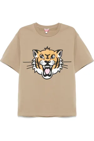 Kenzo Koszulki, Mężczyzna, brązowy, L, Bawełna, Bawełniany T-shirt z nadrukiem Wesołego Tygrysa