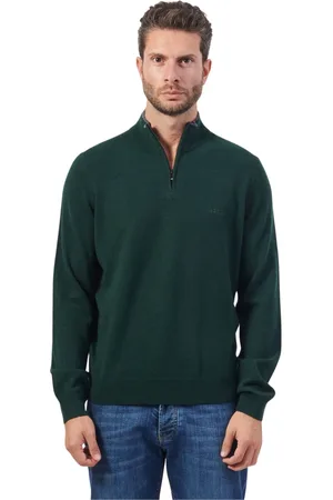 HUGO BOSS Swetry, Mężczyzna, Zielony, S, Wełna, Zielony sweter z wełny z zamkiem Emarlo