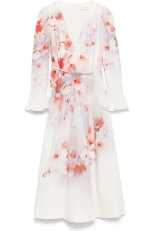 ZIMMERMANN Sukienki, Kobieta, Wielobarwność, L, Len, Sukienka midi Crush Frill Sleeved