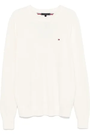 Tommy Hilfiger Swetry, Mężczyzna, Biały, S, Bawełna, Biała koszulka z długim rękawem i haftowanym logo