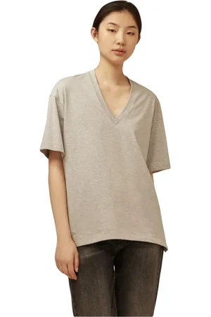 SEMICOUTURE Bluzki, Kobieta, Szary, S, Jasmine Dekolt V z nadrukiem T-shirt