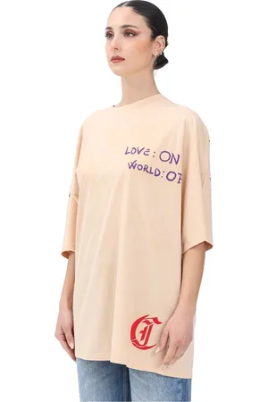 Roberto Cavalli Koszulki, Kobieta, Beżowy, M, Artystyczny T-shirt z nadrukiem miłości dla kobiet