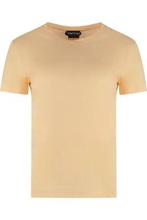 Tom Ford Koszulki, Kobieta, Beżowy, 2XS, Bawełna, Prążkowany T-shirt z bawełny z okrągłym dekoltem