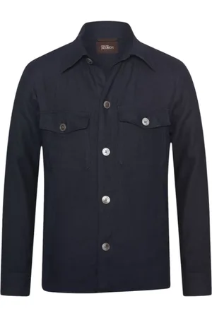 Oscar Jacobson Kurtki, Mężczyzna, Niebieski, L, Granatowy lniany Overshirt Regular Fit
