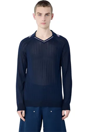 WALES BONNER Swetry, Mężczyzna, Niebieski, S, Nylon, Polo Shirt z inspiracjami piłkarskimi i paskami