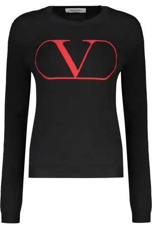 VALENTINO GARAVANI Swetry, Kobieta, Czarny, S, Wełna, Prążkowany sweter z wełny z logo z przodu
