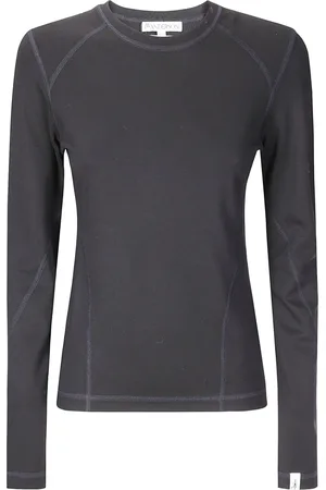 J.W.Anderson Koszulki, Kobieta, Czarny, L, Bawełna, Bawełniana koszulka z długim rękawem i haftowanym dekoltem typu crew-neck