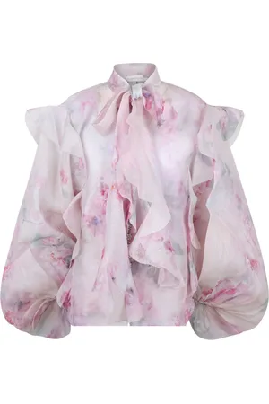 ZIMMERMANN Bluzki, Kobieta, Różowy, S, Poliester, Crush Tie Neck Ruffle Blouse