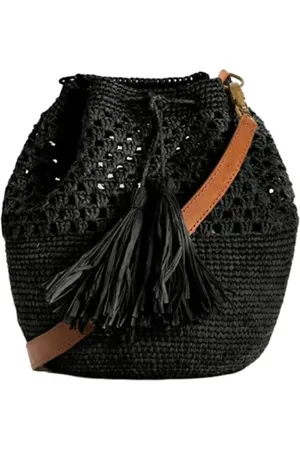 IBELIV Torebki, Kobieta, Czarny, ONE SIZE, Skóra, Naturalna torebka typu bucket bag z rafii ze skórzanym paskiem