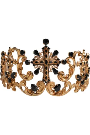 Dolce & Gabbana Akcesoria, Kobieta, Żółty, ONE SIZE, Kryształowo-Zdobiona Koronkowa Tiara w Złotym Odcieniu