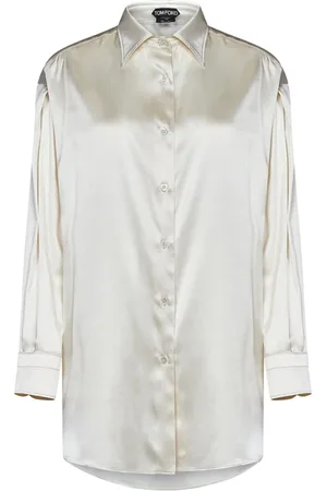 Tom Ford Bluzki, Kobieta, Biały, S, Satyna, Chalk-Colored Koszula z Rozciągliwego Satynowego Jedwabiu o Luźnym Kroju