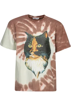 J.W.Anderson Koszulki, Mężczyzna, brązowy, XL, Bawełna, Koszulka Tie-Dye z Nadrukiem Kota
