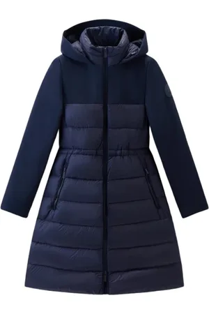 Woolrich Płaszcze, Kobieta, Niebieski, M, Satyna, Płaszcz puchowy z satynową powłoką Softshell