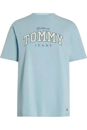 Tommy Hilfiger Koszulki, Kobieta, Niebieski, L, Bawełna, Koszulka Graficzna w Stylu Varsity