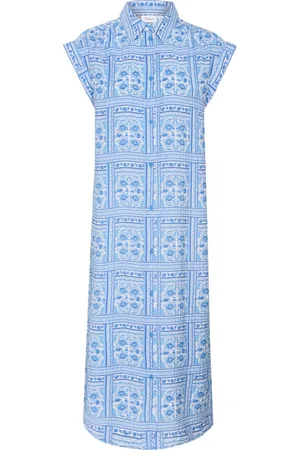 Saint Tropez Sukienki, Kobieta, Niebieski, M, Len, Sukienka z Paisley Squares i krótkimi rękawami