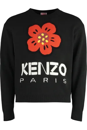 Kenzo Swetry, Mężczyzna, Czarny, XL, Wełna, Wełniany Sweter z Kwiatowym Przodem