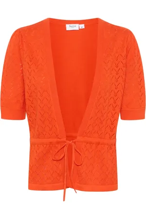 Saint Tropez Swetry, Kobieta, Pomarańczowy, XS, Bawełna, Sweter z wiązaniem i krótkimi rękawami