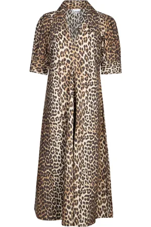 Ganni Sukienki, Kobieta, Wielobarwność, XS, Sukienka w Leopardzi Wzór Midi