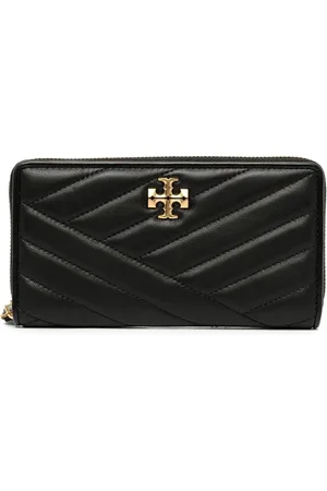 Tory Burch Akcesoria, Kobieta, Czarny, ONE SIZE, Skóra, Czarny skórzany portfel z pikowaniem Chevron