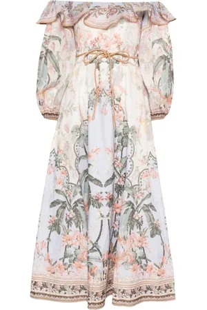 ZIMMERMANN Sukienki, Kobieta, Wielobarwność, M, Len, Sukienka Wylie Off-Shoulder