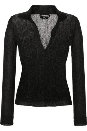 Tom Ford Swetry, Kobieta, Czarny, M, Dzianinowa koszulka polo z dekoltem w serek