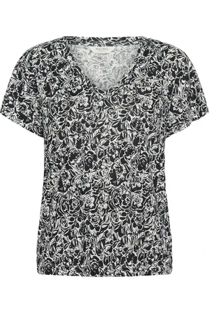 Part Two Koszulki, Kobieta, Czarny, S, Bawełna, T-shirt z Dekoltem w Serek i Nadrukiem Róż