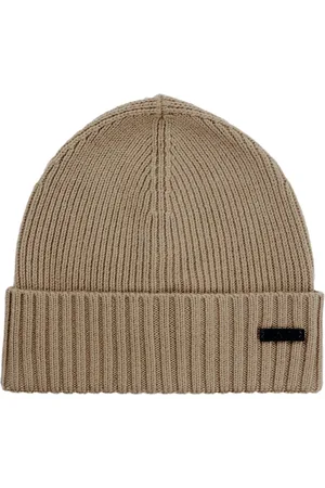 HUGO BOSS Akcesoria, Mężczyzna, Beżowy, ONE SIZE, Wełna, Wełniana Czapka Beanie z Prążkami