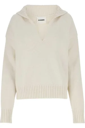 Jil Sander Swetry, Kobieta, Biały, 2XS, Bawełna, Sweter z Dzianiny z Dekoltem w Serek
