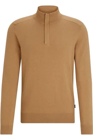 HUGO BOSS Swetry, Mężczyzna, Beżowy, L, Golf Regular Fit Troyer z golfem i ukrytym zamkiem