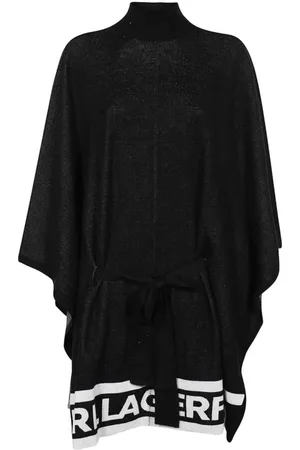 Karl Lagerfeld Kurtki, Kobieta, Czarny, L, Wełna, Logo Intarsia Poncho Jacket
